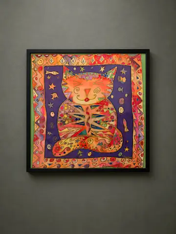Framed Colorful Abstract Cat Artwork - Ready to Hang ( Hand Painted On Silk)