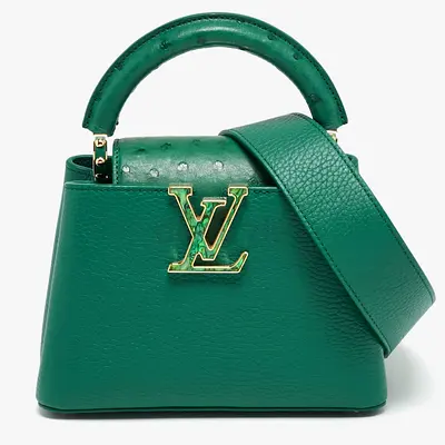 Authentic Louis Vuitton Capucines Mini Emeraude Taurillon Leather and Ostrich Top Handle Bag