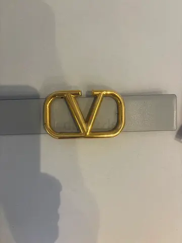 Valentino Grey and blue reversible leather belt with gold V-shaped buckle