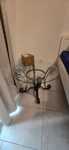 Glass Top Round Accent Side Table with Scroll Metal Base