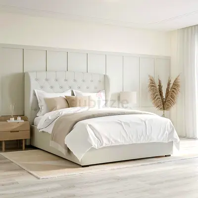 Beige Upholstered King Size Bed with Tufted Headboard