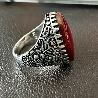 Natural Red Aqeeq 950 Silver Ring