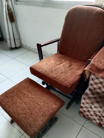 Wooden Frame Recliner/Glider Chair with Footstool - Brown Fabric