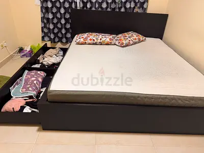 King size storage bed frame with drawers and bed - dark wood