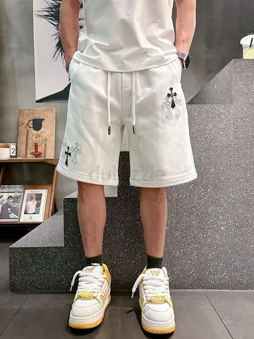 Chrome hearts Mens White Drawstring Casual Shorts with Embroidered Cross Detail
