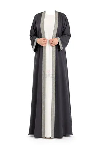 Dark Grey Open Abaya with Silver Trim, Size Not Specified