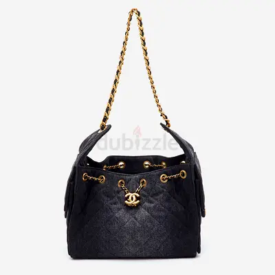 Authentic Chanel 25 Drawstring Black Quilted Denim Hobo