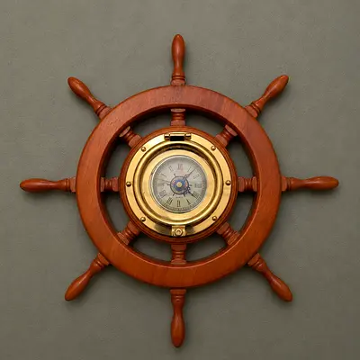 Decorative Wooden Ship Wheel Wall Clock with Brass Porthole
