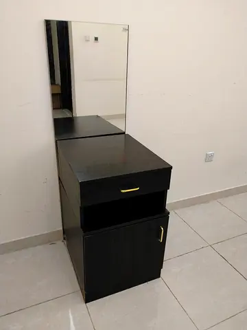 Dark Wood Dressing Table with Mirror and Storage Cabinet