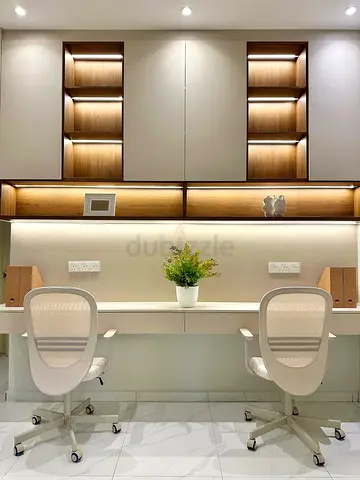 Modern Built-in Double Study Desk with Overhead Cabinets and LED Lighting