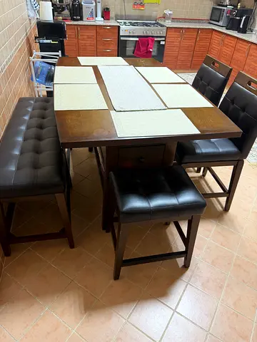 Wooden Dining Table Set with Padded Benches and Chairs - 6 Seater