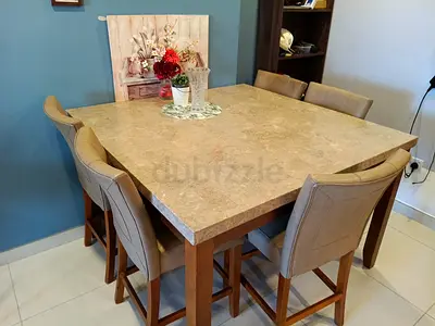 Solid Wood Square Dining Table with 6 Upholstered High Chairs - Beige Marble Top