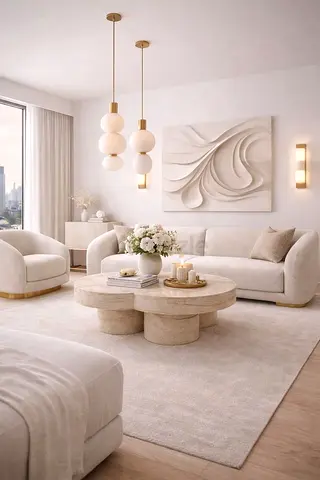 Beige Modern Living Room Sofa Set with Round Coffee Table and Rug