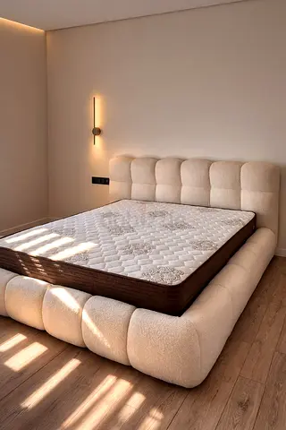 Beige Upholstered Platform Bed with Padded Headboard - Modern Design