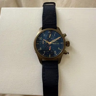 IWC Pilot Chronograph Style Mens Watch - Blue Dial, Fabric Strap