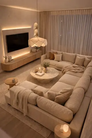 Large L-shaped Beige Fabric Sofa — Comfortable Sectional in Excellent Condition