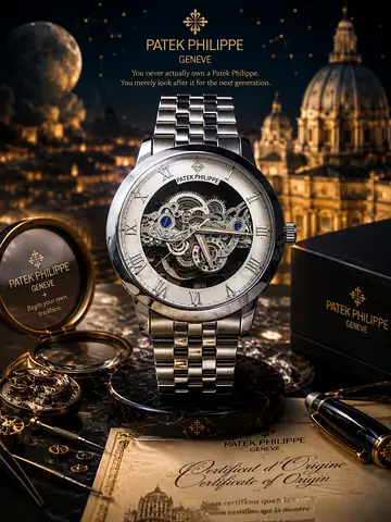 Patek Philippe skeleton silver automatic watch with metal bracelet