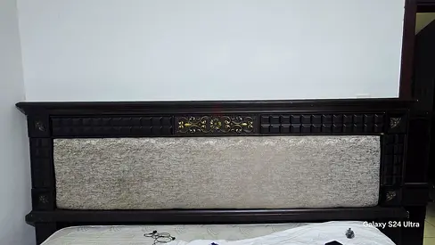 Wooden King/Queen Headboard with Upholstered Panel and Decorative Carvings