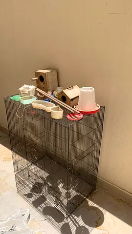 Large metal bird/parrot cage with multiple feeders and accessories