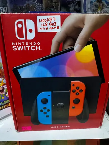 Nintendo Switch OLED model modded 256gb with game  (Neon Joy‑Con) - Boxed, Modified with 1 Game