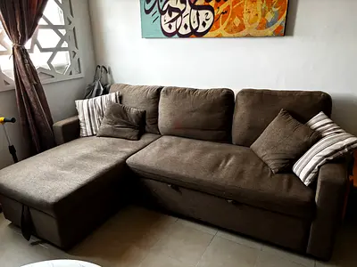 Brown L-shaped 3-seater Sofa with Storage and sofa cum bed