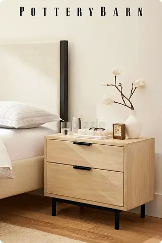 Light Wood Two-Drawer Nightstand with Black Metal Legs