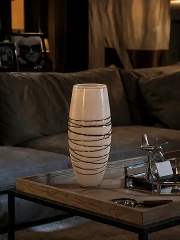 Beige Ceramic Decorative Vase - Tall, Modern Striped Design