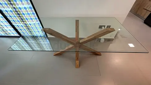 Glass Top Dining Table with Wooden Star Base - Seats 4