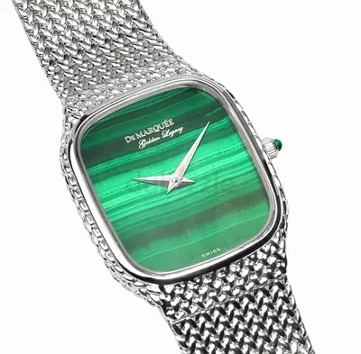 De Marque Golden Legacy Swiss Watch with Green Malachite Dial - Silver Mesh Bracelet