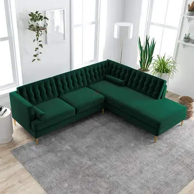L-shaped Green Velvet Tufted Corner Sofa - Right Chaise