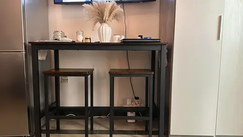 Compact bar table with two matching stools - dark wood  black metal