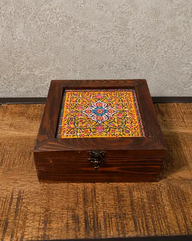 Handmade Wooden Keepsake Box with Colorful Tile Inlay