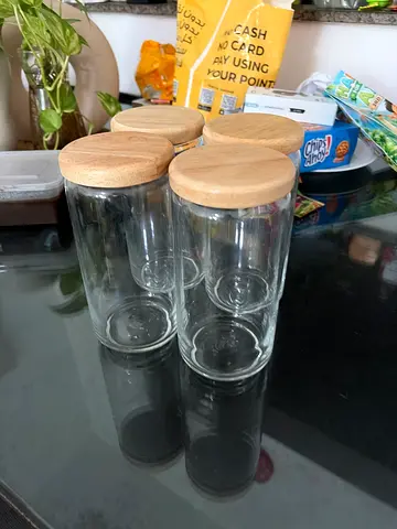 HM HOME Set of 4 Clear Glass Pantry Jars with Wooden Lids (Can Be Bought Separately For 7.50 Each)