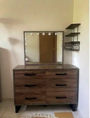Modern Wooden Dresser with Mirror and Integrated Lighting