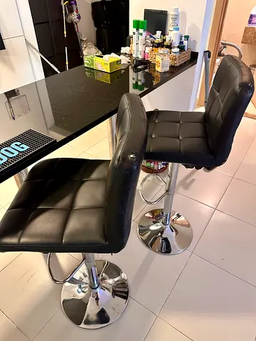 Pair of Black Leather Adjustable Bar Stools