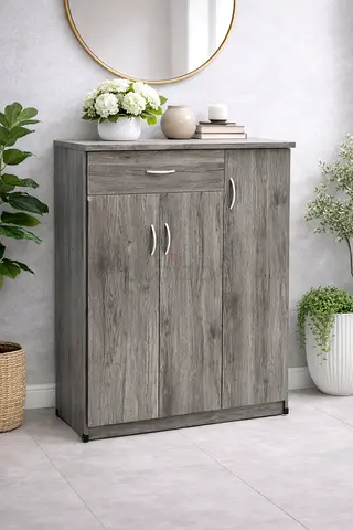 Modern Grey Wooden Shoe Cabinet with Drawer – 3 Door Shoe Rack for Hallway Entryway