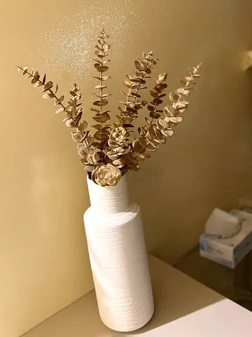 Tall White Decorative Vase with Gold Eucalyptus Stems