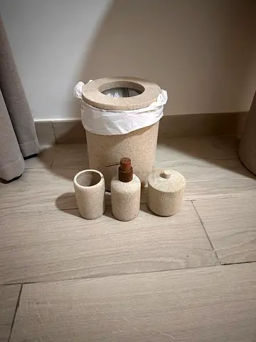 Beige Stone-Look Bathroom Accessory Set with Bin (4-piece)