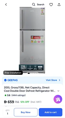 Geepas 220L Double Door Refrigerator - Direct Cool, Silver
