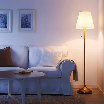 Brass Floor Lamp with White Fabric Shade - Classic Standing Lamp