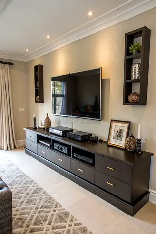 Modern Dark Wood Entertainment Center with Drawers and Shelves