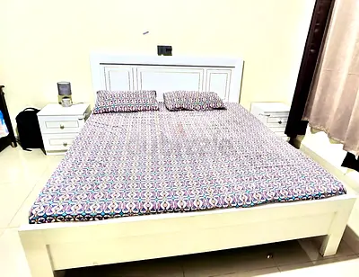 White Wooden Queen Bed Frame with Headboard and Two Nightstands