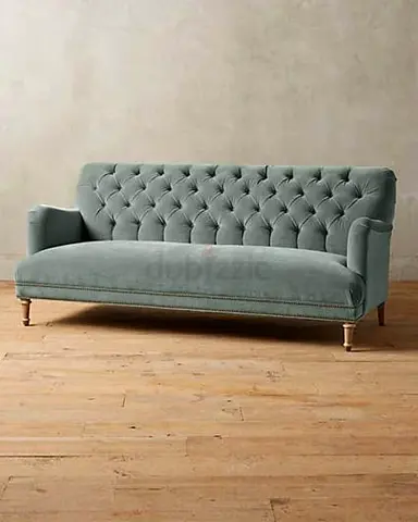3-seater tufted velvet sofa in green-blue, solid wood legs