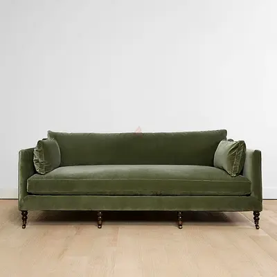 Green Velvet 3-Seater Sofa with Wooden Turned Legs