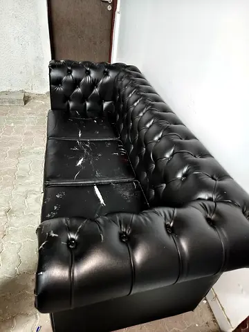Black Tufted Faux Leather 3-Seater Sofa - Used