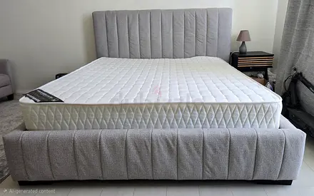 Queen fabric upholstered bed frame with mattress - light grey