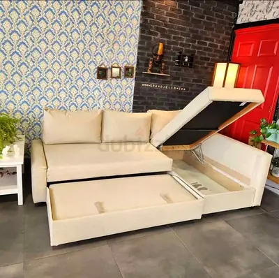 Beige Convertible Sofa Bed with Storage and Pull-out Mattress