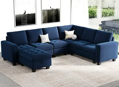 Rich navy blue velvet L shaped sofa chaise
