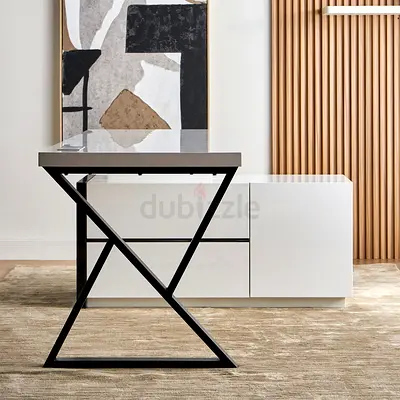 Modern X-Frame Desk with White Storage Cabinet - Good Condition