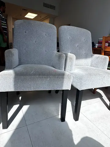 Pair of Light Grey Upholstered Dining Chairs with Wooden Legs